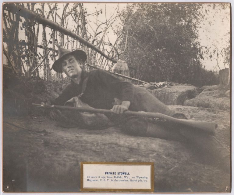 Private Stowell, 18 years of age, from Buffalo, Wy., 1st Wyoming Regiment, U.S.V. [United States Volunteers], in the trenches, March 7th, ’99.